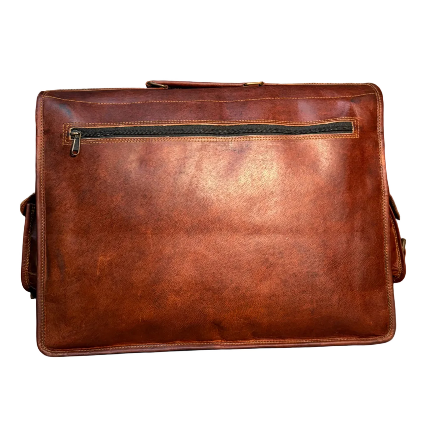 Back view of brown leather messenger bag with zip pocket