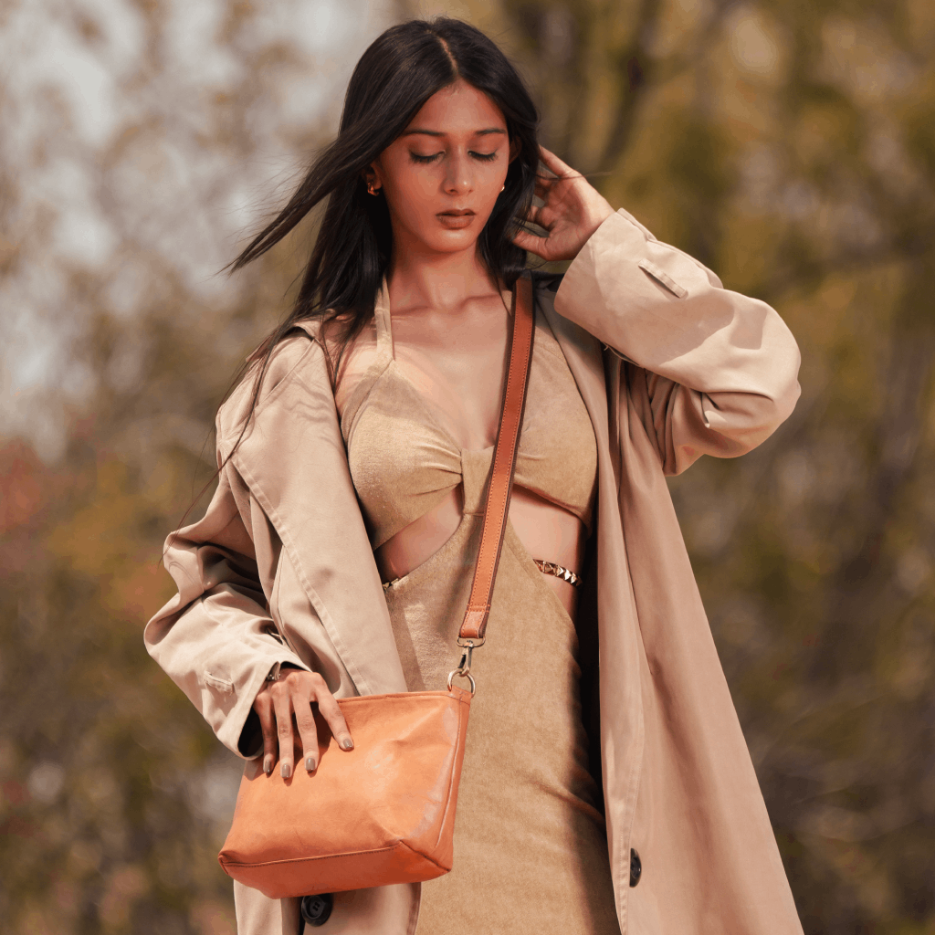 Woman wearing Havynhide Alia full grain leather crossbody bag
