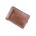 Brown full-grain leather laptop sleeve with front zip pocket