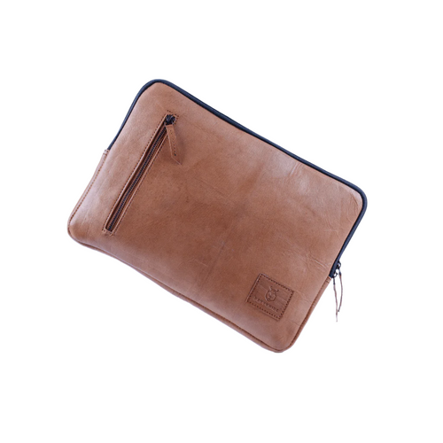 Brown full-grain leather laptop sleeve with front zip pocket