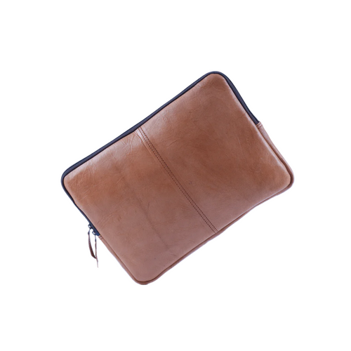Back view of handcrafted full-grain leather laptop sleeve