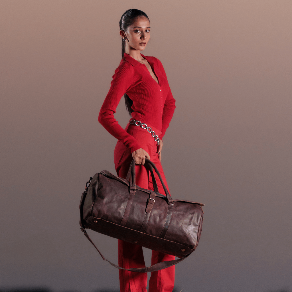 Brown handcrafted leather weekender bag
