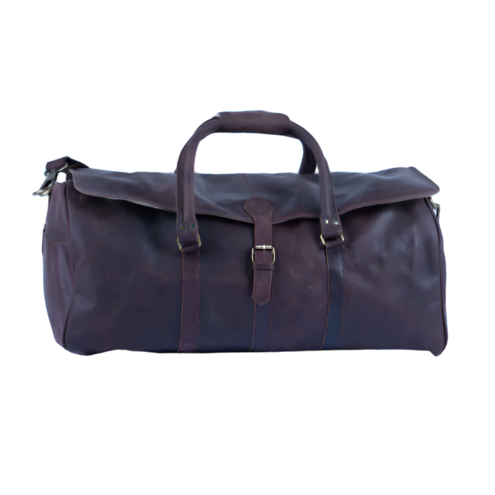 Front view of full-grain leather travel duffle bag
