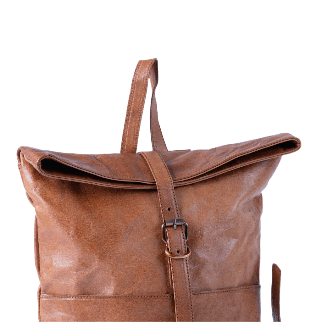 Front detail of Havynhide Dhoni full grain leather backpack