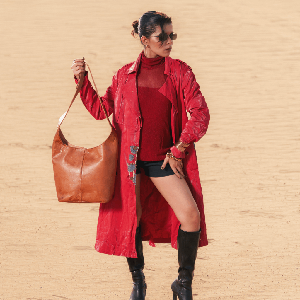 Woman wearing Havynhide Madhubala full grain leather tote bag