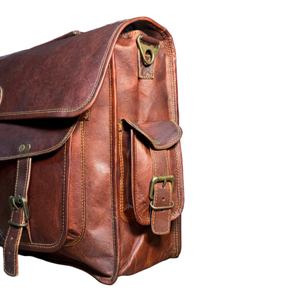Side profile of handcrafted full-grain leather messenger bag
