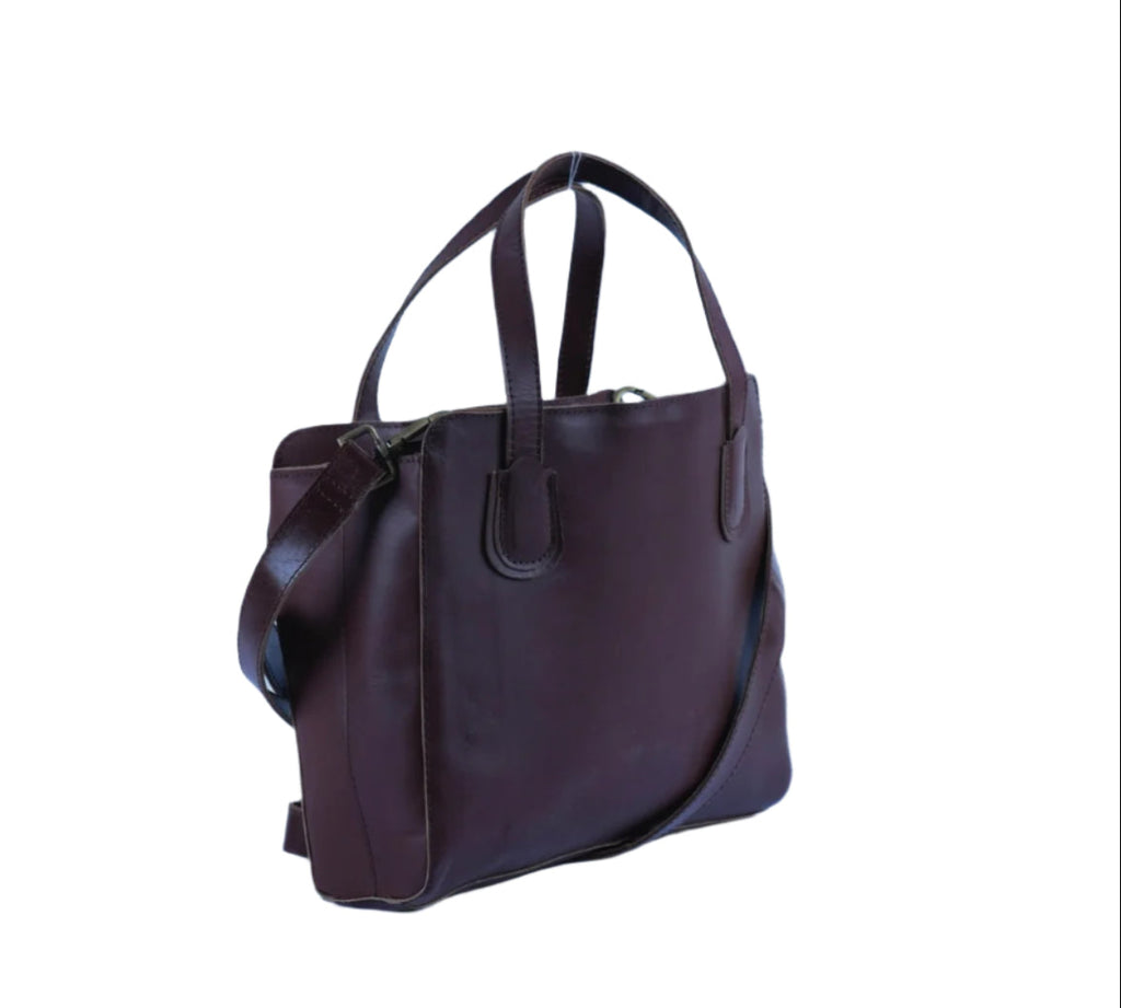 Angled view of Havynhide Rekha full-grain leather tote bag