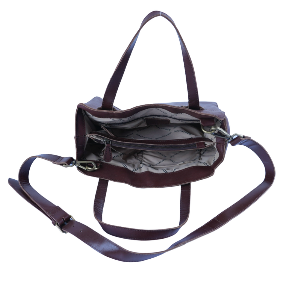Interior of Havynhide Rekha full-grain leather tote bag with shoulder strap