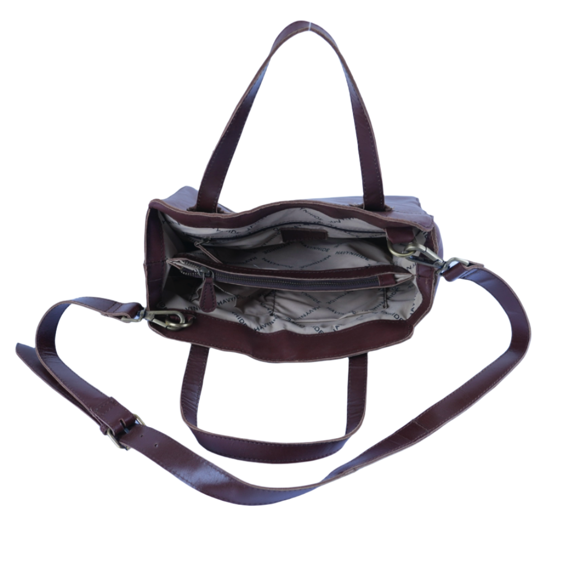 Interior of Havynhide Rekha full-grain leather tote bag with shoulder strap