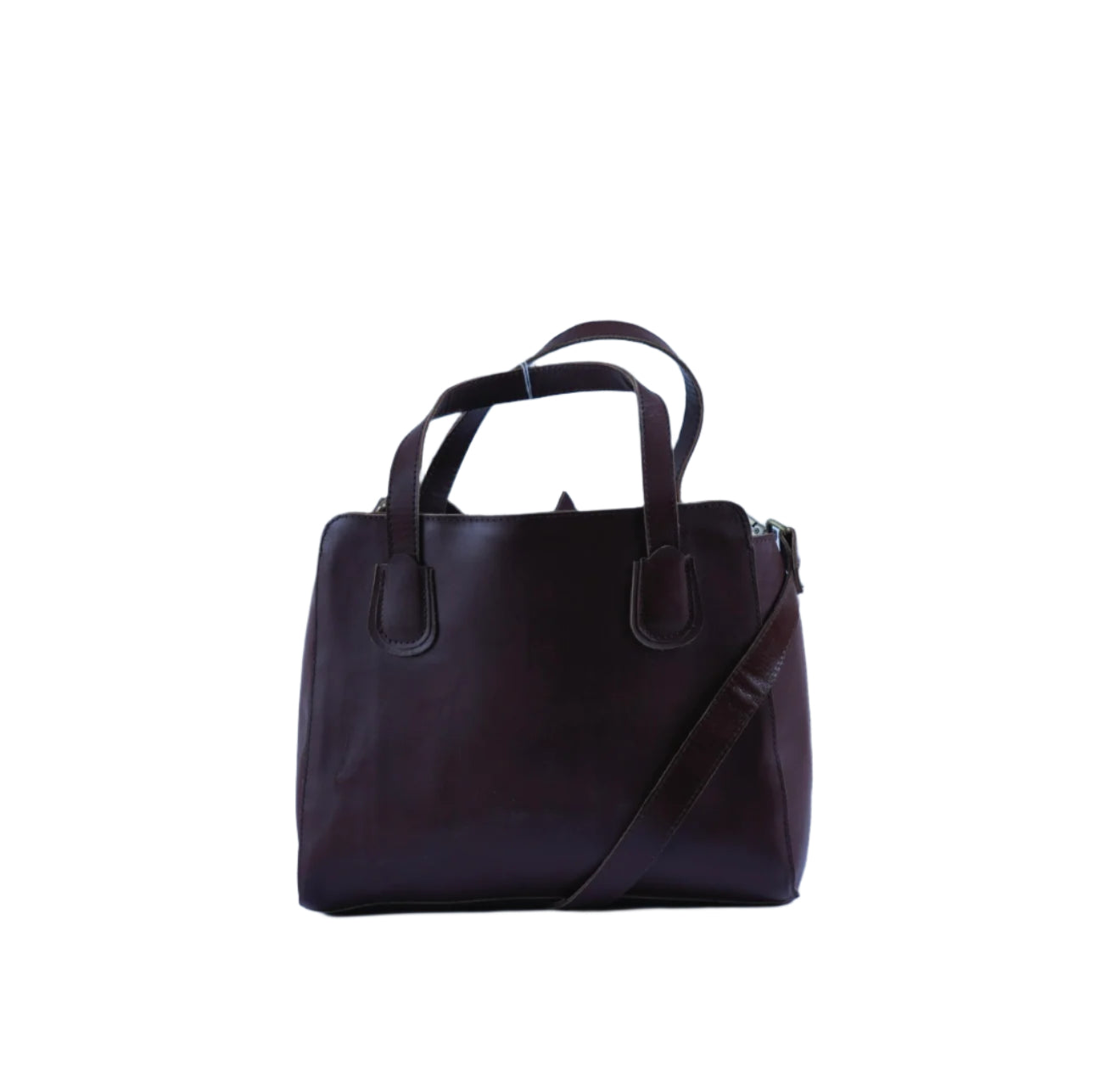 Side view of brown full-grain leather tote bag