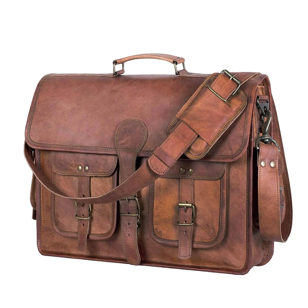 Brown full-grain leather messenger bag with adjustable shoulder strap
