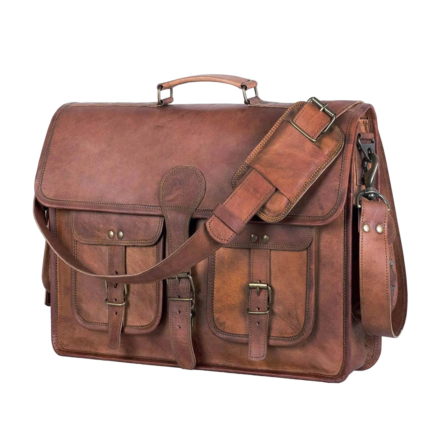 Brown full-grain leather messenger bag with adjustable shoulder strap