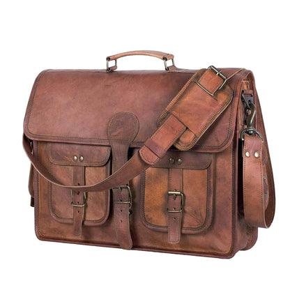 Brown full-grain leather messenger bag with adjustable shoulder strap